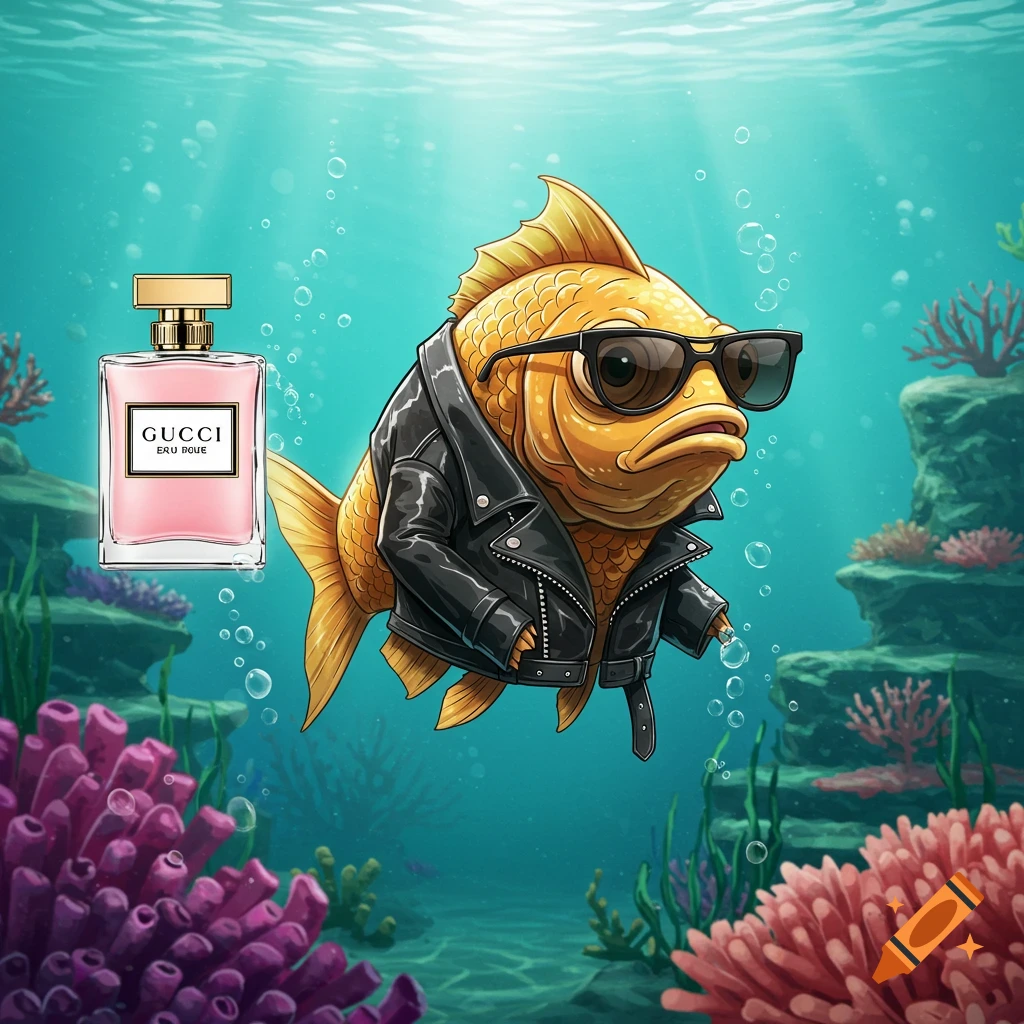 A cartoon goldfish in a leather jacket and sunglasses swims underwater next to a pink Gucci perfume bottle with coral.
