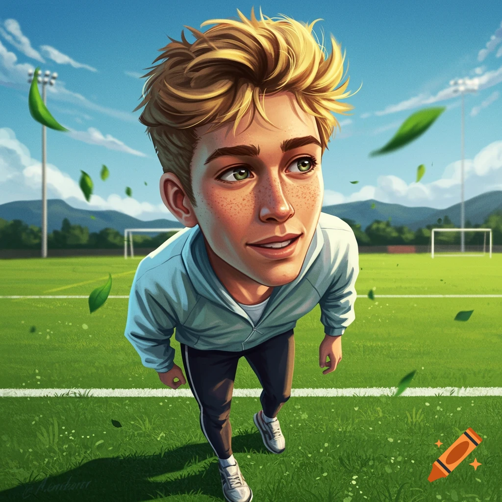 A stylized portrait of a young man with blonde hair and freckles on a green soccer field with floating leaves.