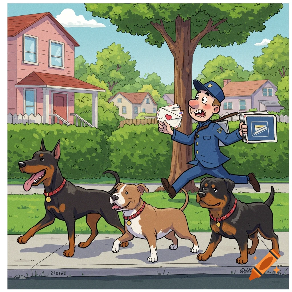 Cartoon illustration of a frightened mailman running from three happy dogs on a sunny suburban street.