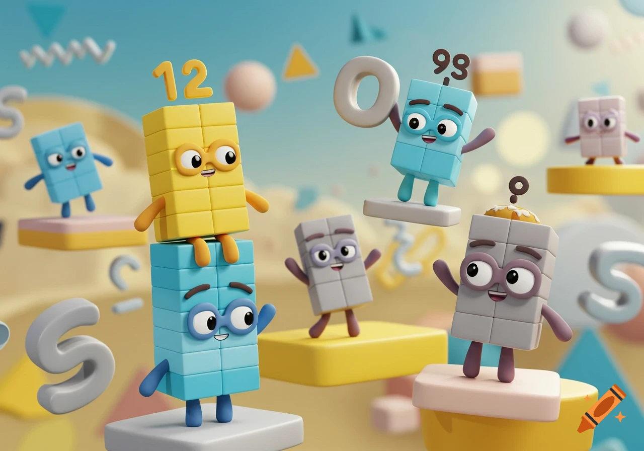 Colorful 3D animated block characters, resembling Numberblocks, with numbers '12', '0', '98' floating above them in a bright, playful setting.