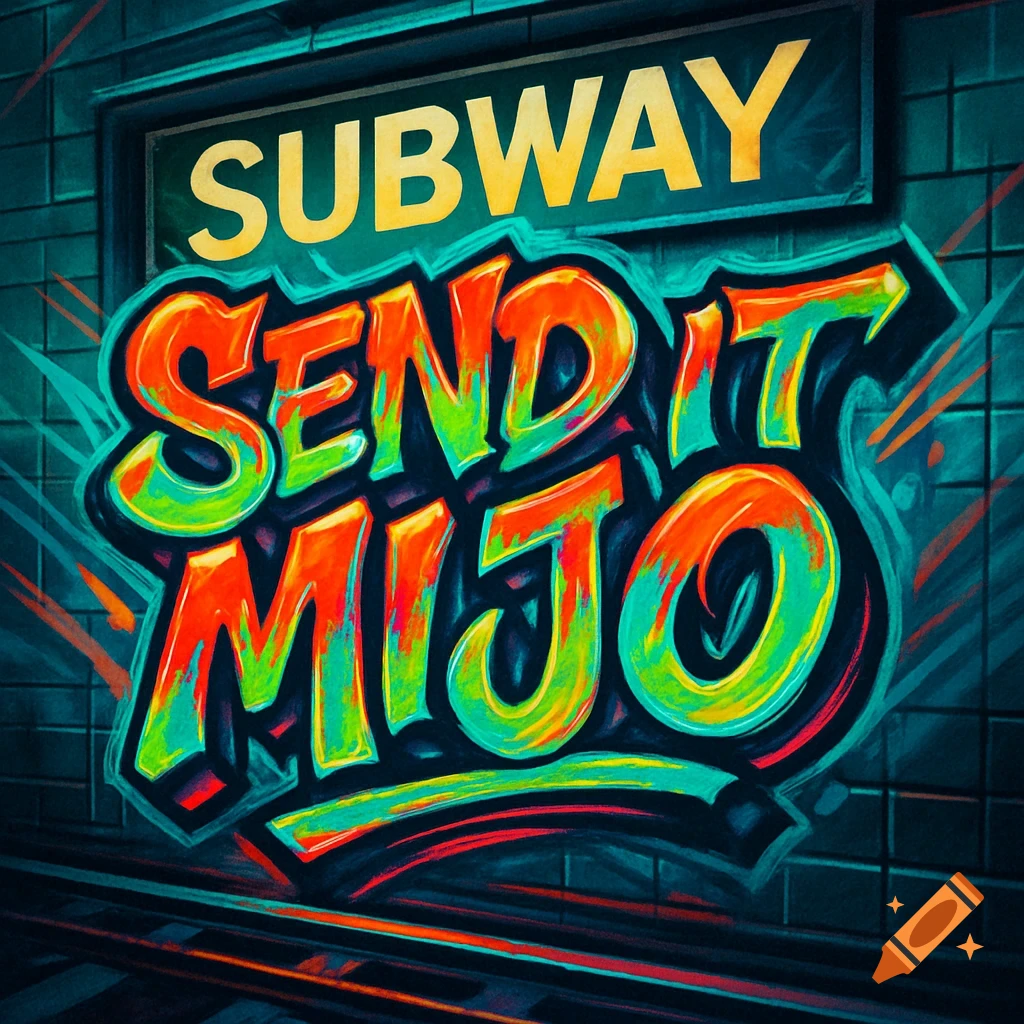 Graffiti art featuring the words 'SEND IT MIJO' in colorful, stylized letters, beneath a sign that reads 'SUBWAY', on a dark, tiled wall with subway tracks at the bottom.