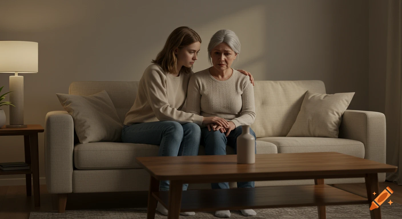 A young woman comforts an older woman on a cream-colored sofa in a softly lit living room.