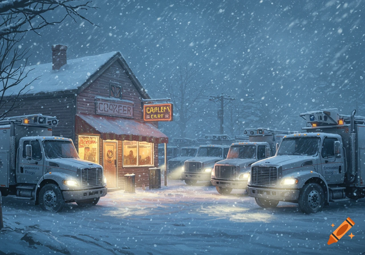 Multiple white utility trucks parked outside a rustic cafe during a heavy blizzard, with snow falling and headlights illuminating the ground.
