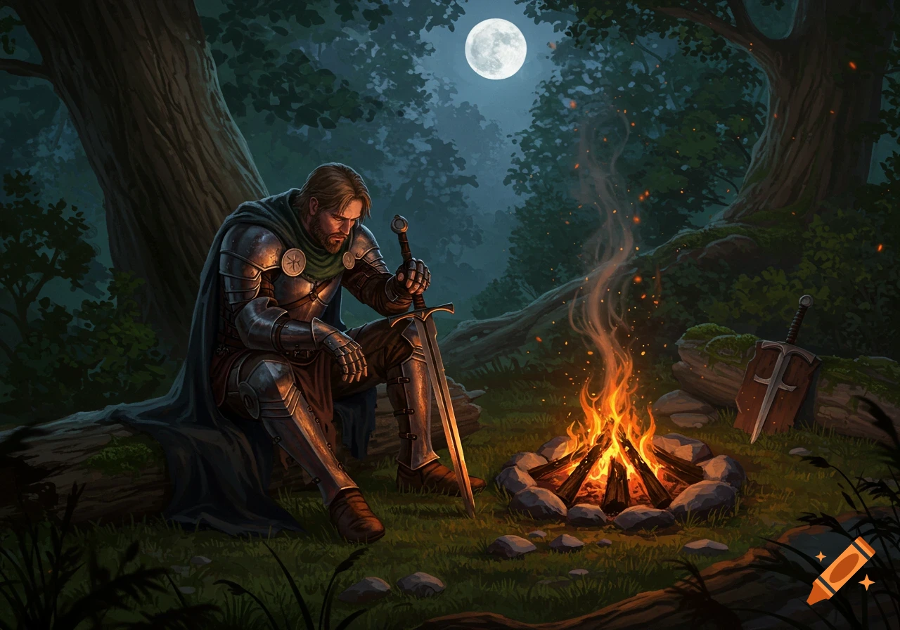 A lone armored warrior sits by a campfire in a dark forest under a full moon, holding his sword.