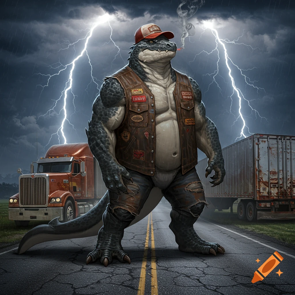 A muscular, anthropomorphic reptilian trucker in a leather vest and hat stands on a road during a thunderstorm with lightning and semi-trucks in the background. He is smoking a cigar.