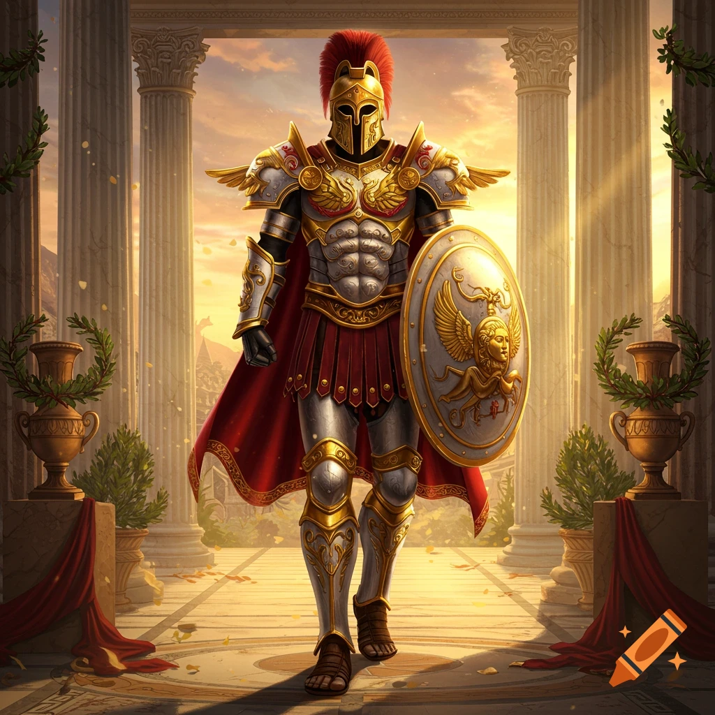 A warrior in ornate red, gold, and white armor, wearing a crested helmet and holding a shield, stands among classical columns at sunset.