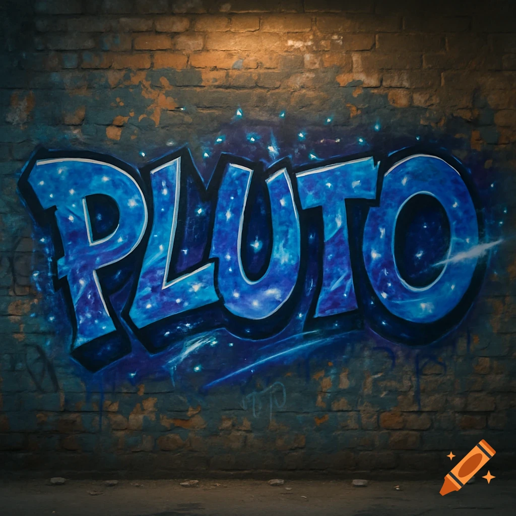 Blue graffiti spelling PLUTO on a weathered brick wall under a spotlight.
