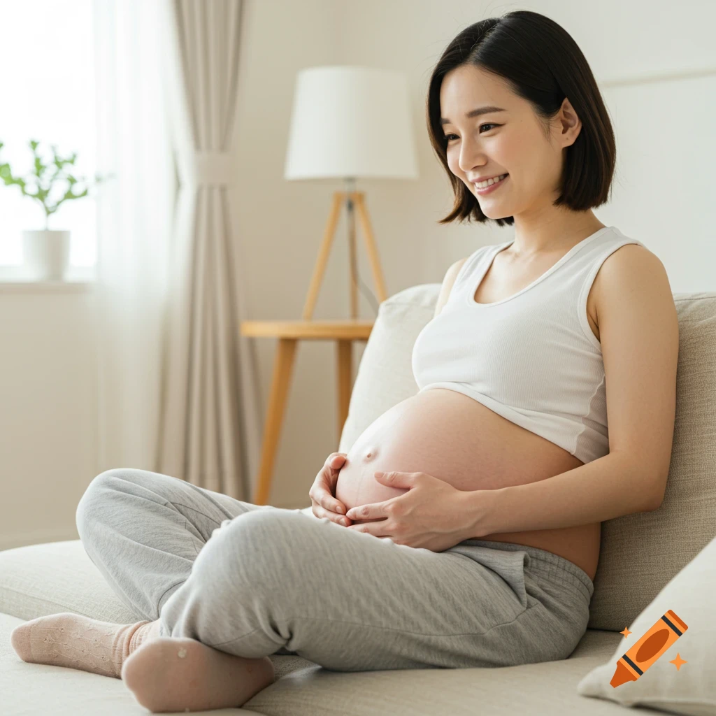 A smiling Asian pregnant woman in a white tank top and grey sweatpants sits on a couch, holding her exposed belly. Photorealistic.