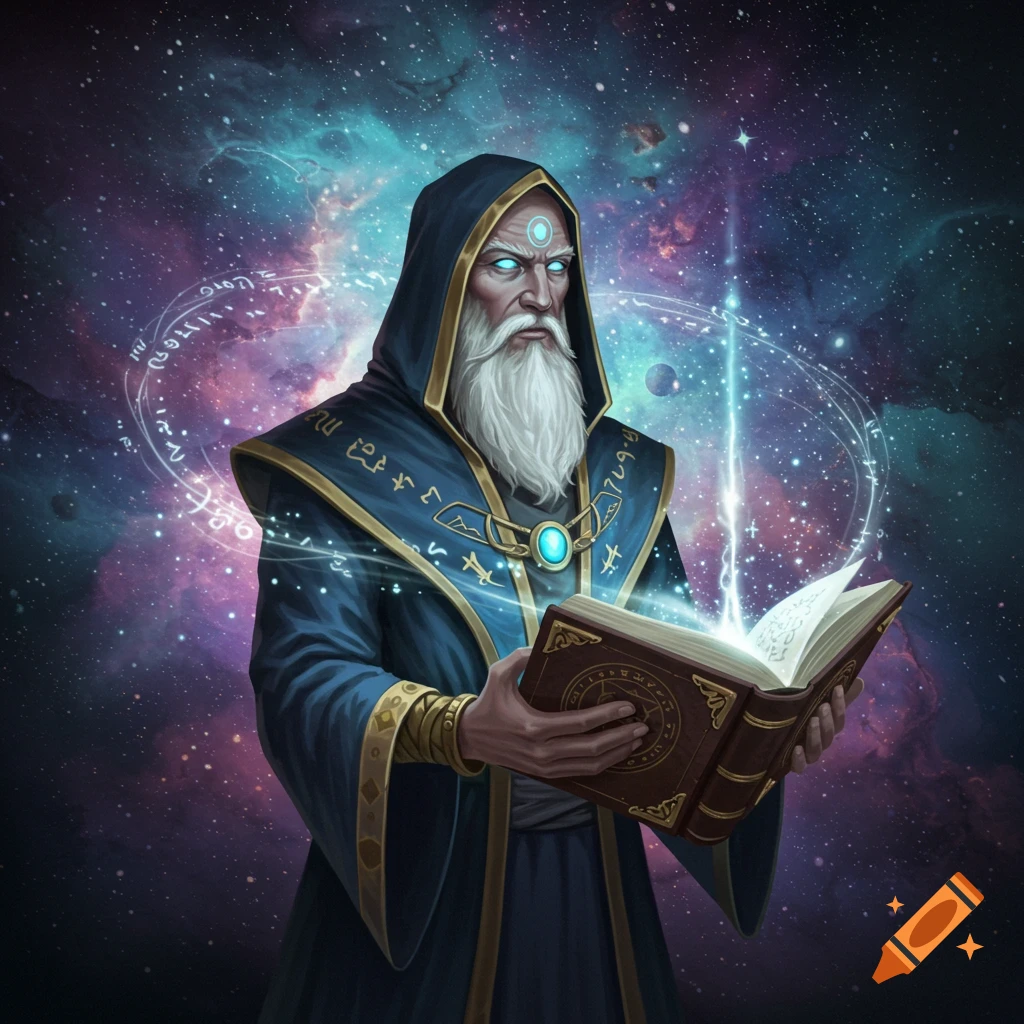 A wise wizard with a long white beard and glowing eyes, wearing a blue robe, holds an open book radiating light in a cosmic nebula.