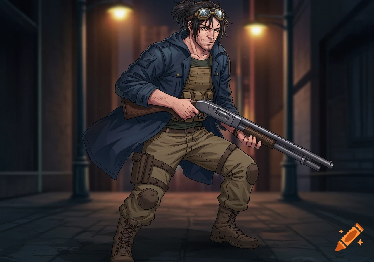 Anime male character with messy black hair, goggles, and tactical gear, holding a shotgun in a dark alley at night.
