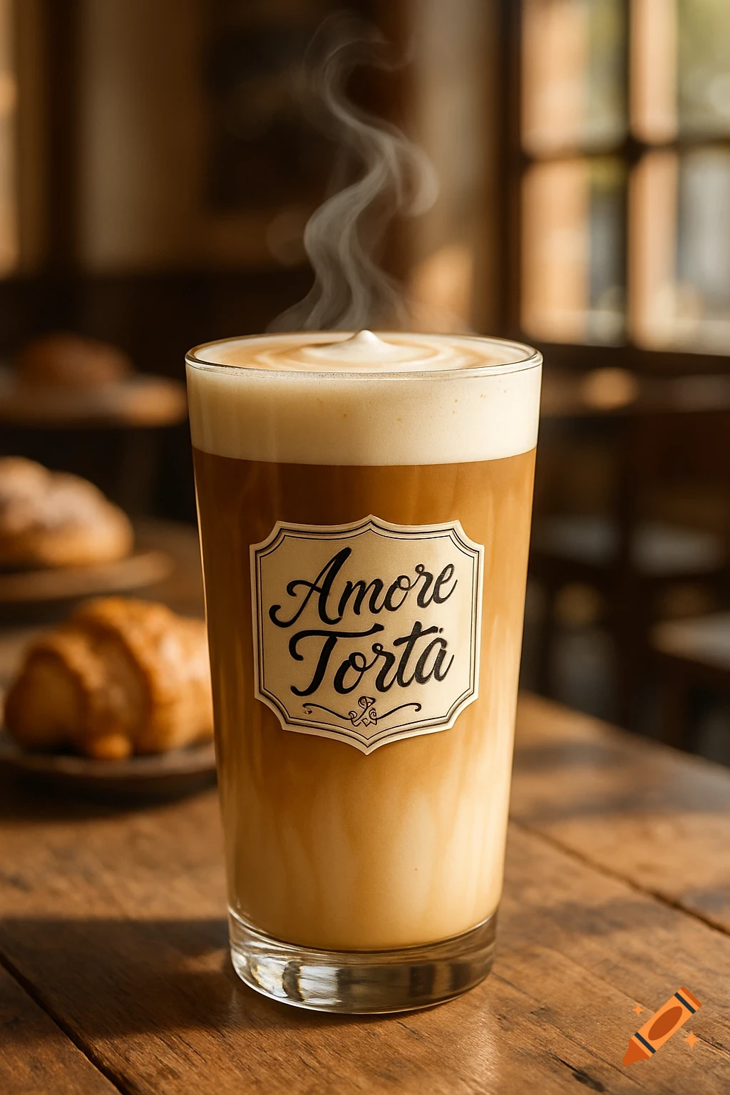 A steaming glass of latte with "Amore Torta" label on a wooden table, with blurred croissants in the background.