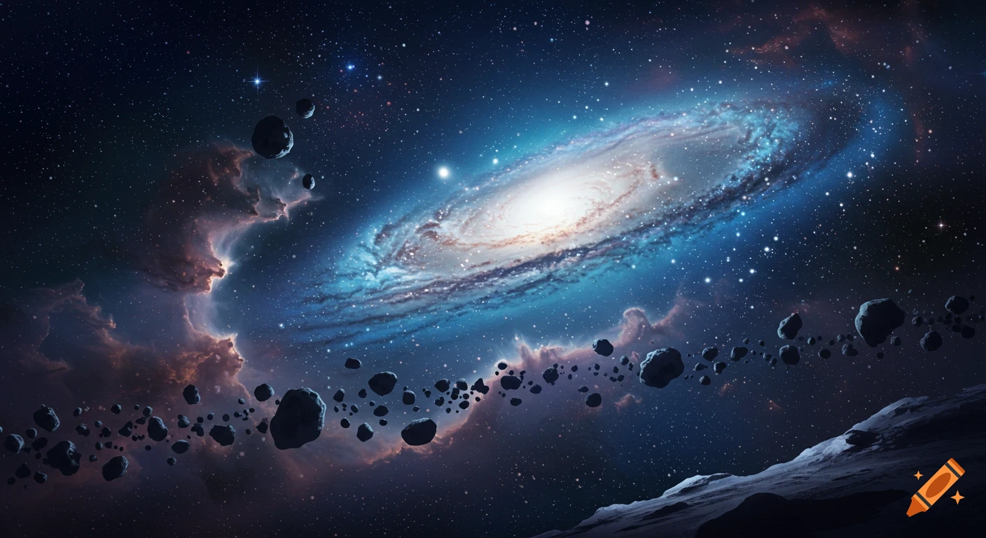A vibrant spiral galaxy with nebulae, asteroids, and a barren planet surface in the foreground.