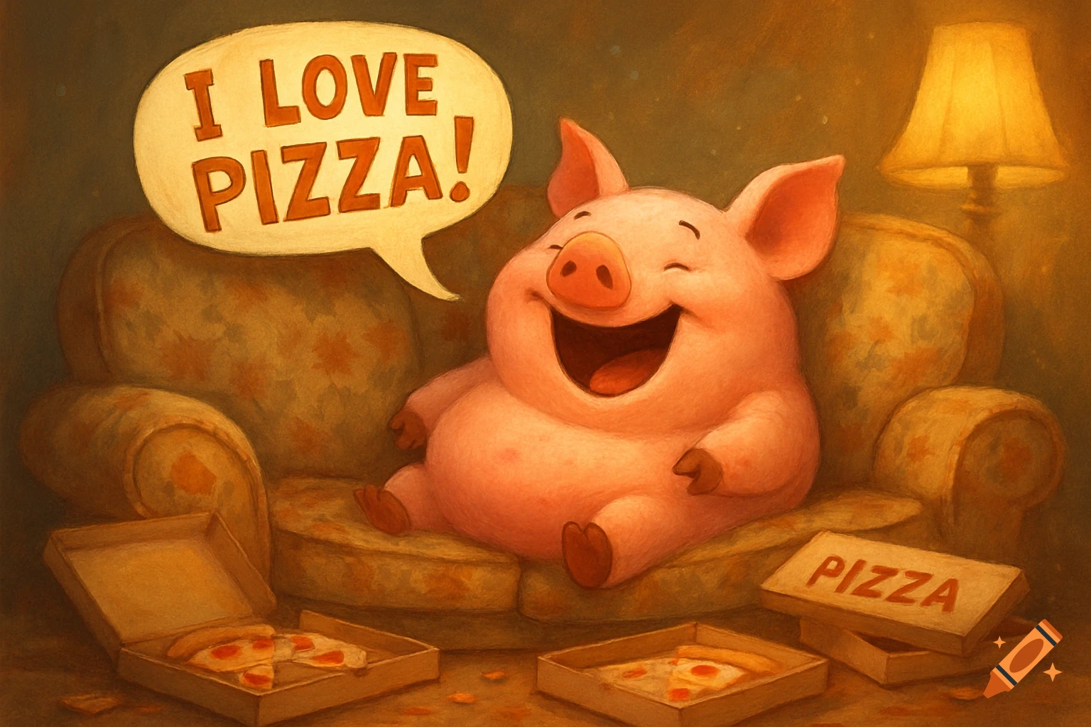A happy cartoon pig sits on a couch surrounded by pizza boxes, with a speech bubble saying 'I LOVE PIZZA!' and a lamp in the background.
