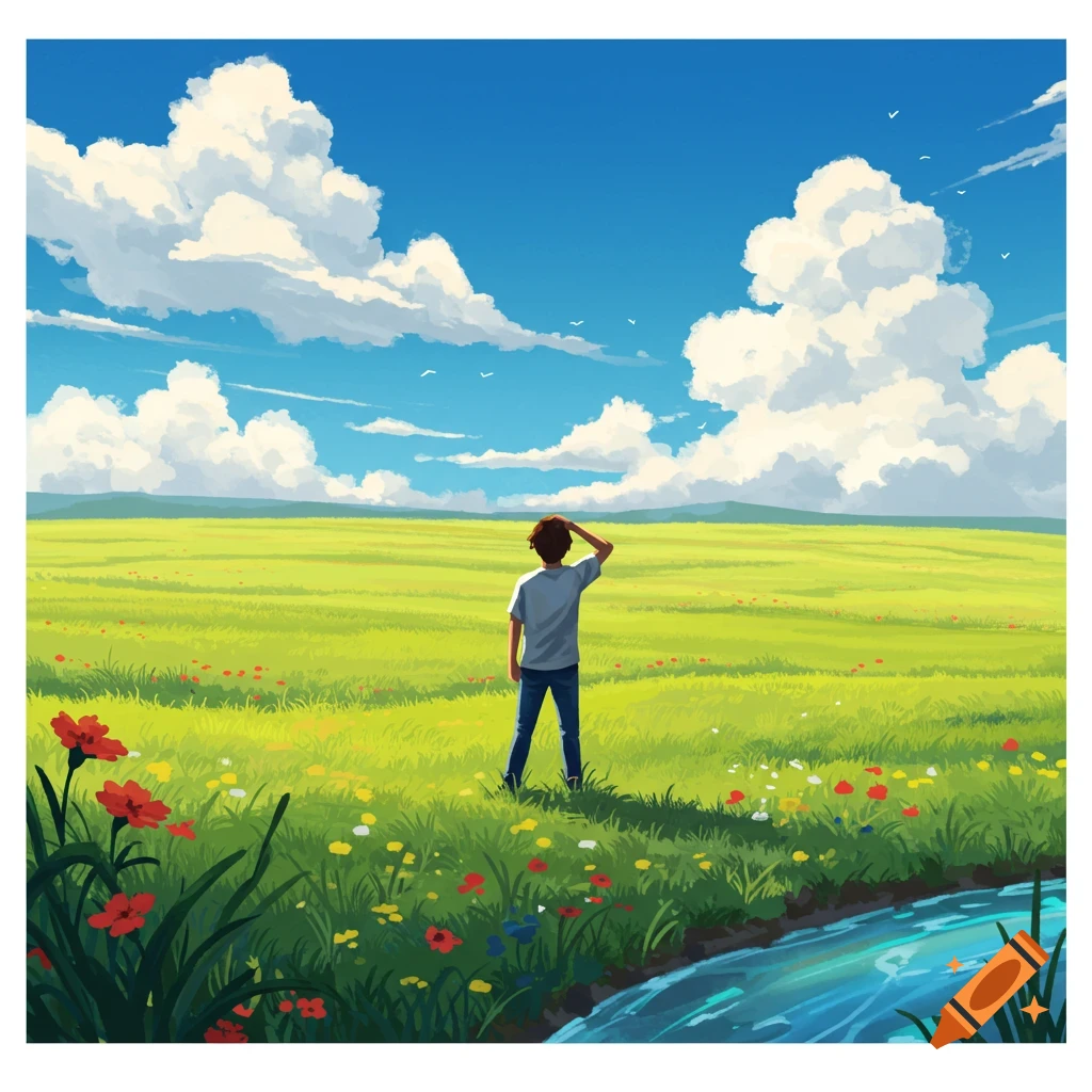 An anime-style illustration of a person standing in a vast green field with wildflowers and a stream, gazing at the horizon under a blue sky.