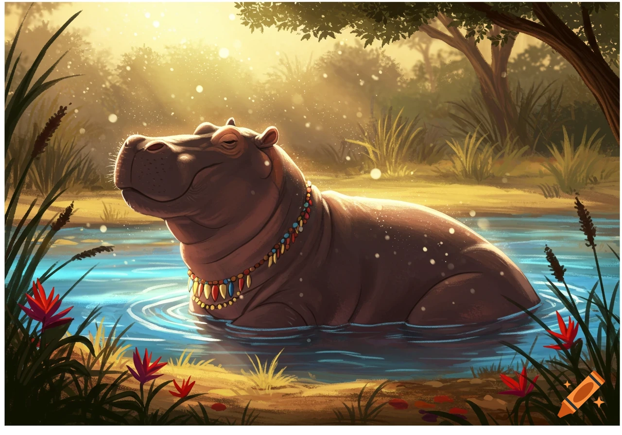 A contented, cartoon-style hippo with a beaded necklace lounges in a sunlit river, surrounded by lush foliage.