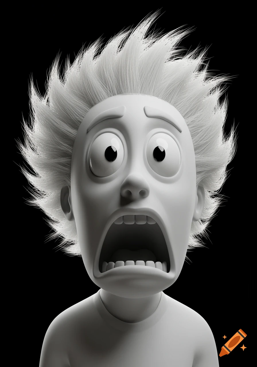 A 3D render of a cartoon character with spiky white hair and bulging eyes, screaming with a wide-open mouth against a black background.