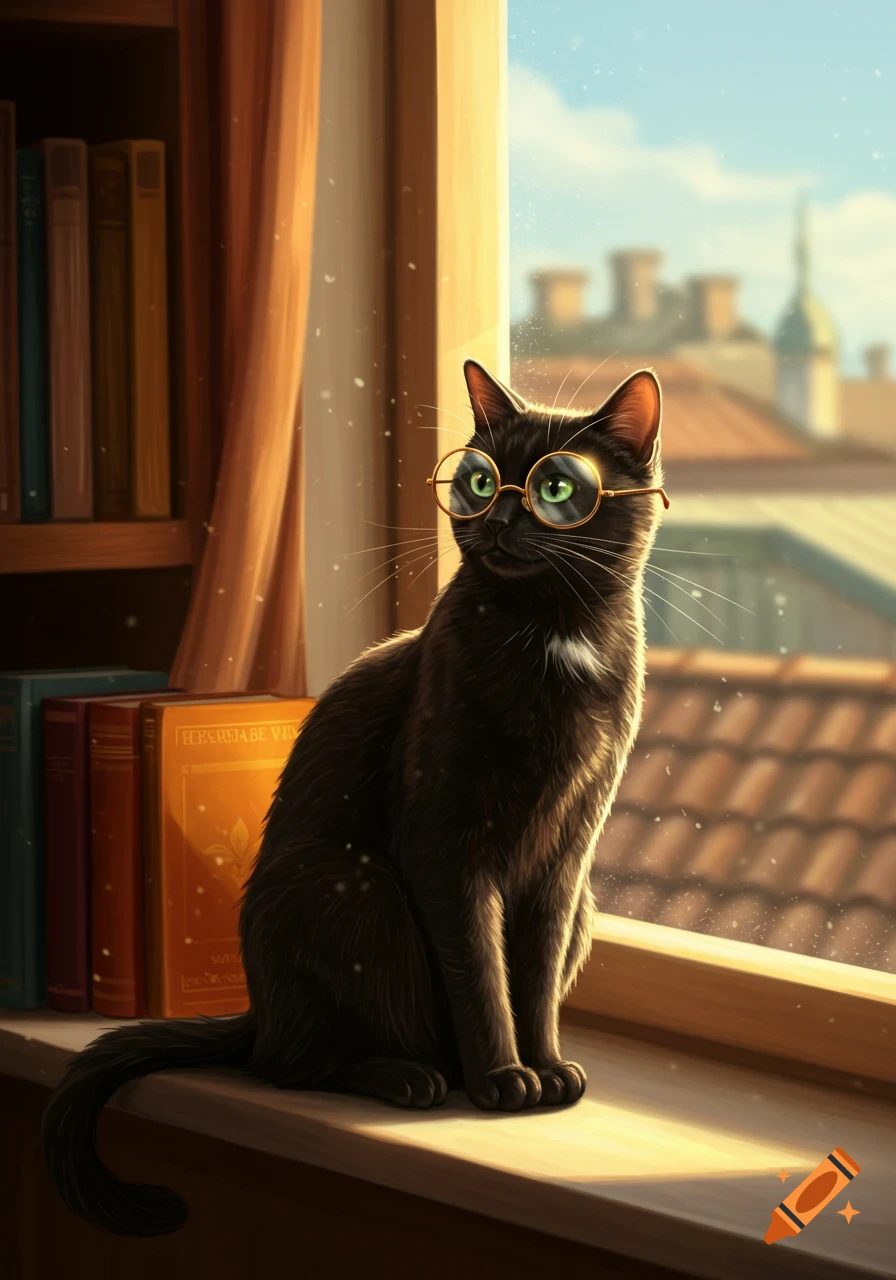A black cat with round glasses sits on a sunlit windowsill next to a bookshelf, looking out at city rooftops.