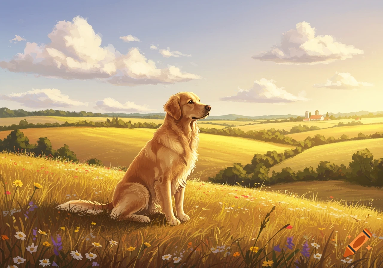A golden retriever dog sits in a golden field with wildflowers under a cloudy sky at sunset, in an illustration style.