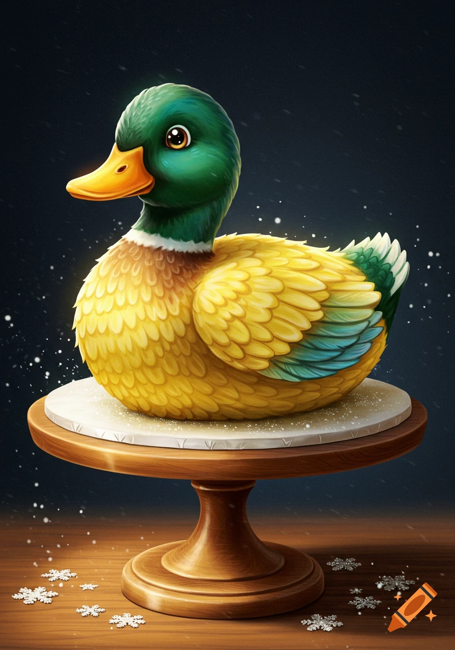 A whimsical duck-shaped cake with yellow feathers and a green head sits on a wooden cake stand. Snowflakes fall around it.