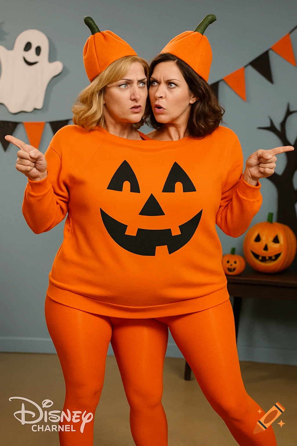 Two women in a conjoined orange pumpkin costume, complete with pumpkin hats, pointing in opposite directions in a Halloween-decorated room.