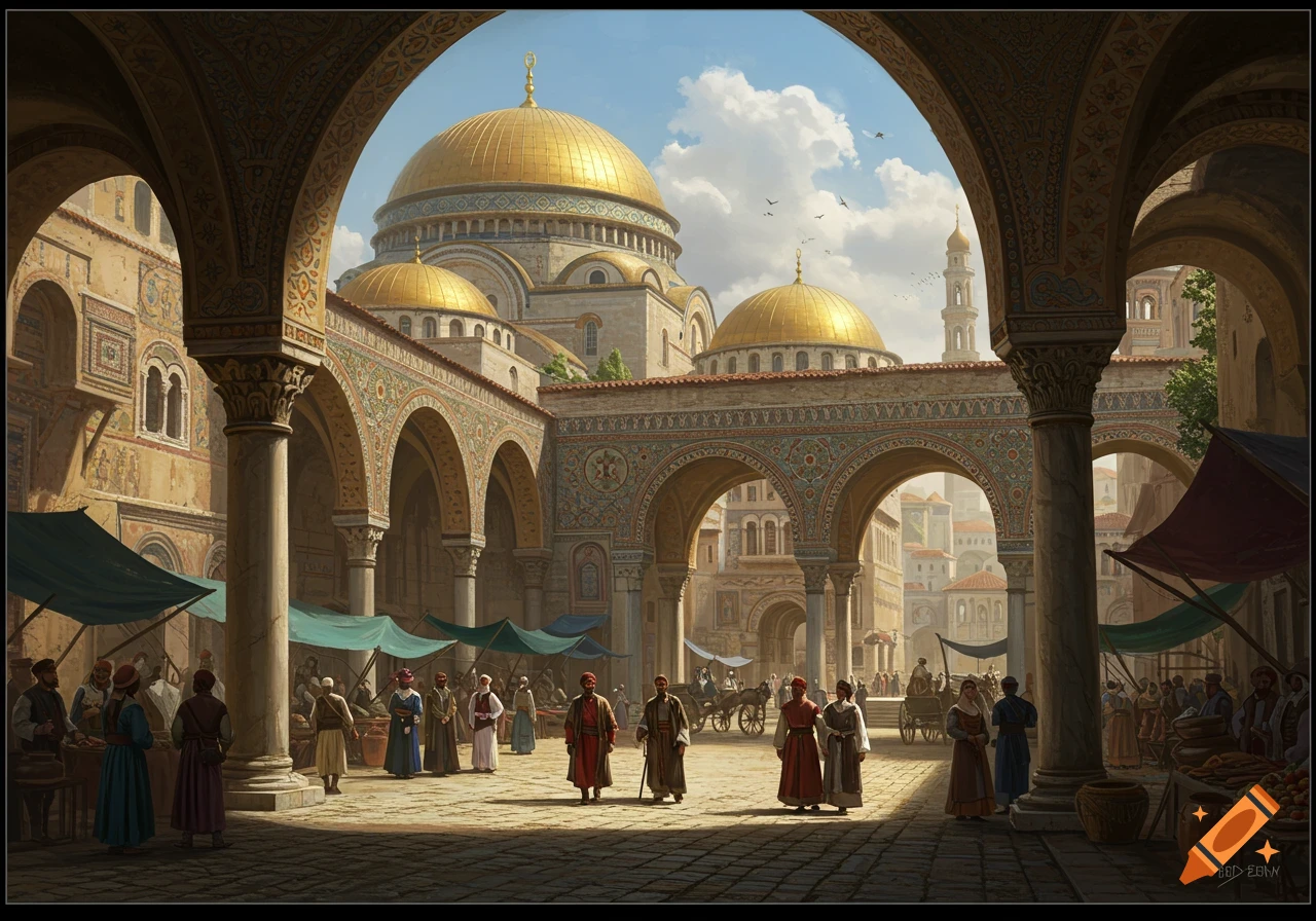 A grand Neo-Byzantine city scene with a bustling market in an arched courtyard and a large golden-domed mosque.