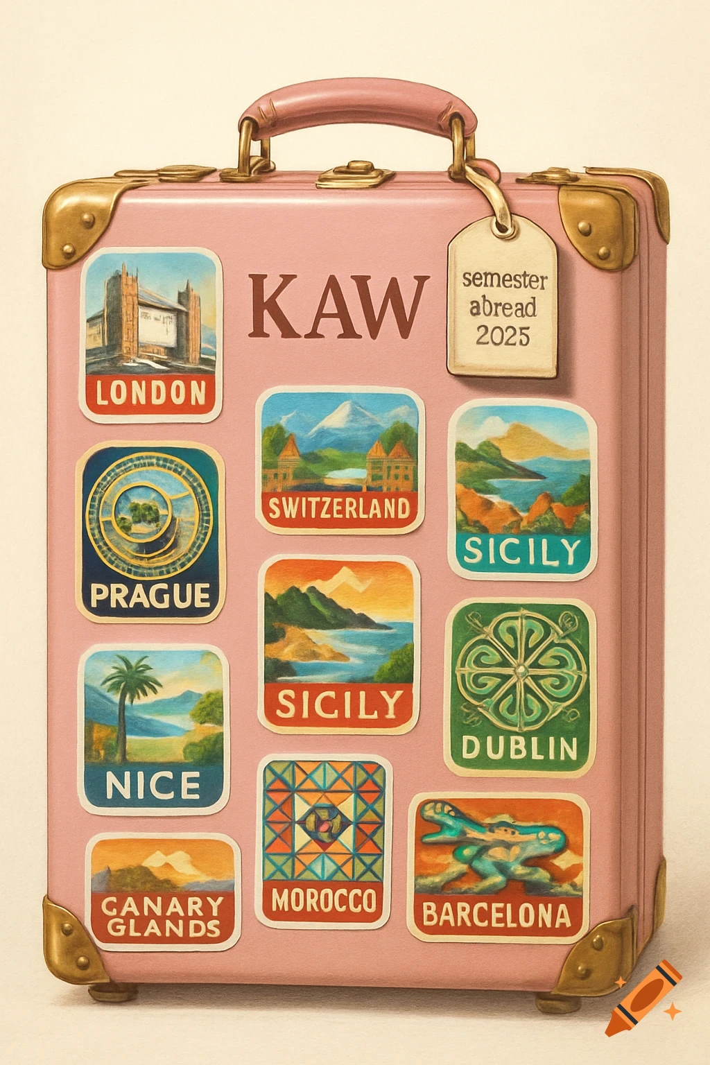 A pink suitcase with many colorful travel stickers from various destinations and a luggage tag reading "semester abroad 2025".