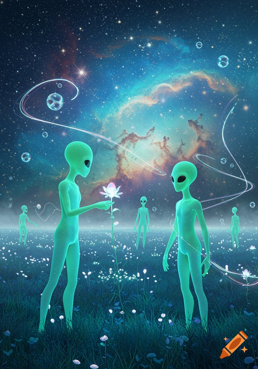 Green translucent aliens in a field of glowing flowers under a starry, cosmic nebula sky. One alien holds a luminous lotus.