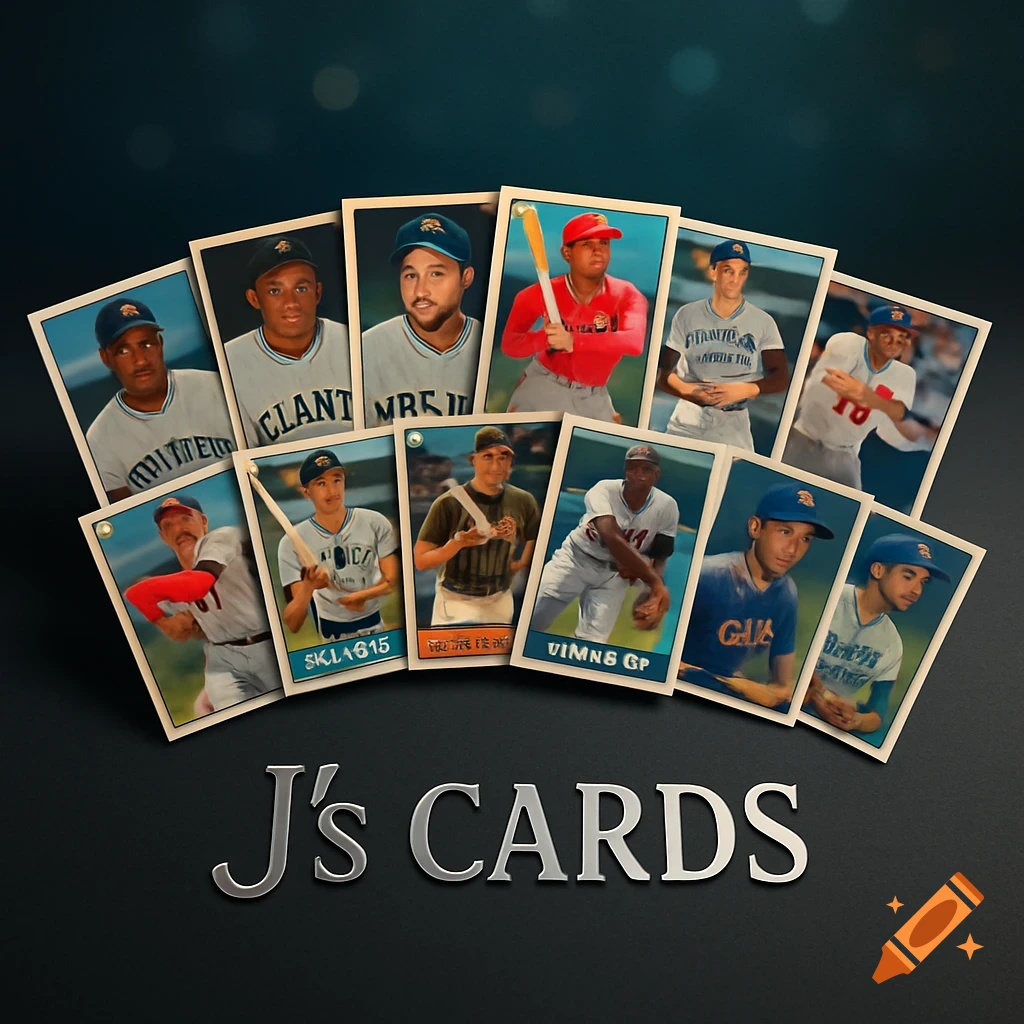 A fan of baseball cards showcases a collection of diverse player cards, fanned out across a dark background, with the metallic text 'J's CARDS' prominently displayed at the bottom.