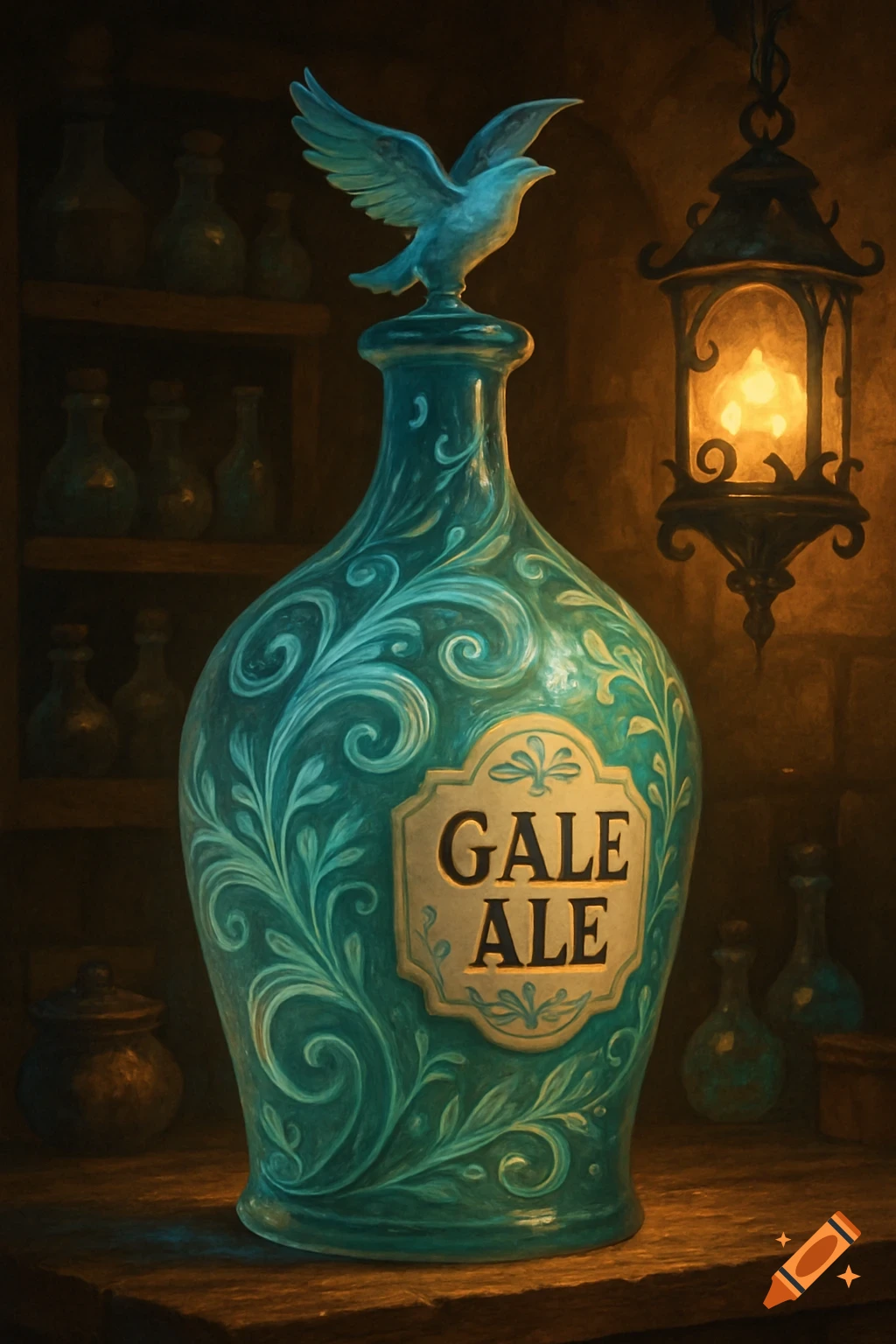 A detailed teal bottle with intricate patterns and 'GALE ALE' label, topped with a bird, in a dimly lit fantasy setting.