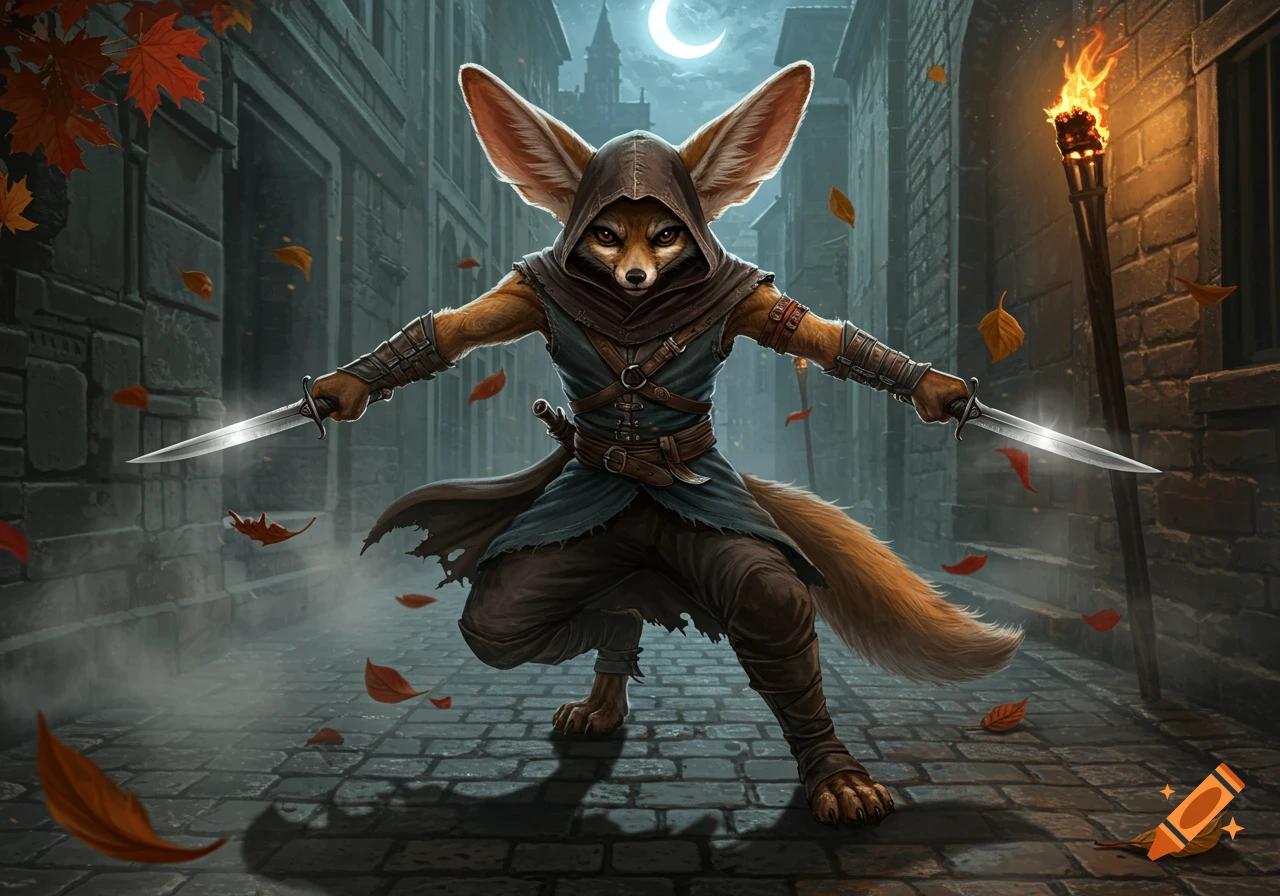 A fennec fox assassin in a hooded cloak crouches in a dark alley at night, holding two daggers, with a crescent moon and falling leaves.