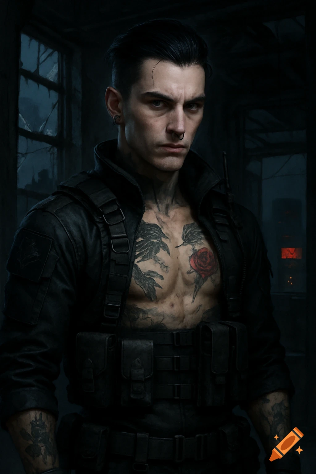 A serious man with dark hair, tattoos, and tactical gear stands in a dark, ruined building. He has a nose ring and an undercut hairstyle.