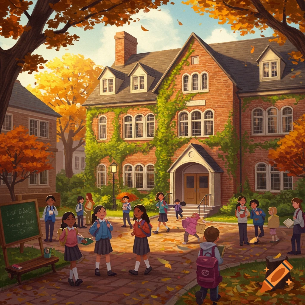 Children walk through a schoolyard with autumn leaves and a brick school building in an illustrated style.