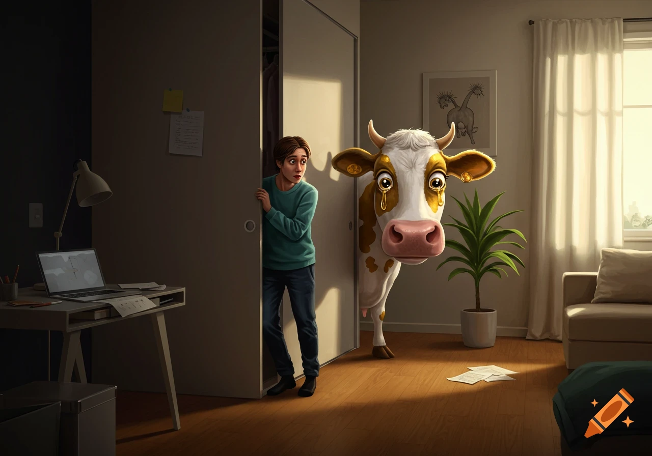 A person peeks from behind a closet door, trying to hide a large, cartoonish gold-spotted cow with gold coin tears in a room.