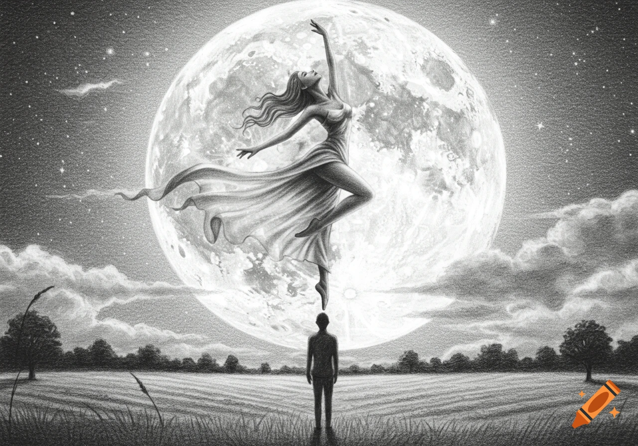 Pencil drawing of a woman in a flowing dress dancing in front of a large moon, with a man standing below in a field.