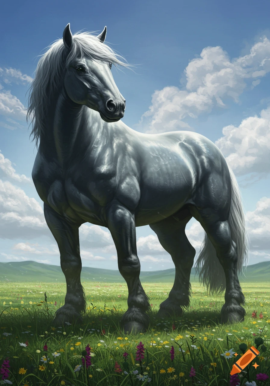 A majestic grey horse with a flowing white mane stands in a vibrant green meadow under a blue sky with fluffy white clouds.