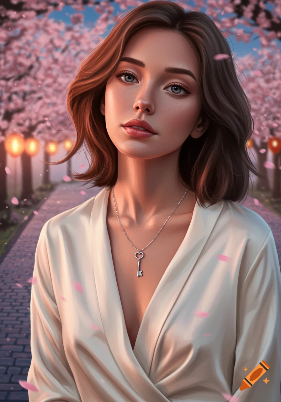 A photorealistic portrait of a young woman with a key necklace, standing on a path under blooming cherry blossom trees with lanterns.