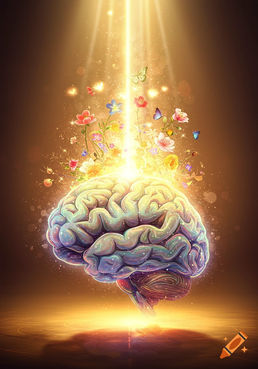 A vibrant, stylized human brain emitting golden light from which colorful flowers, butterflies, and sparkles emerge.