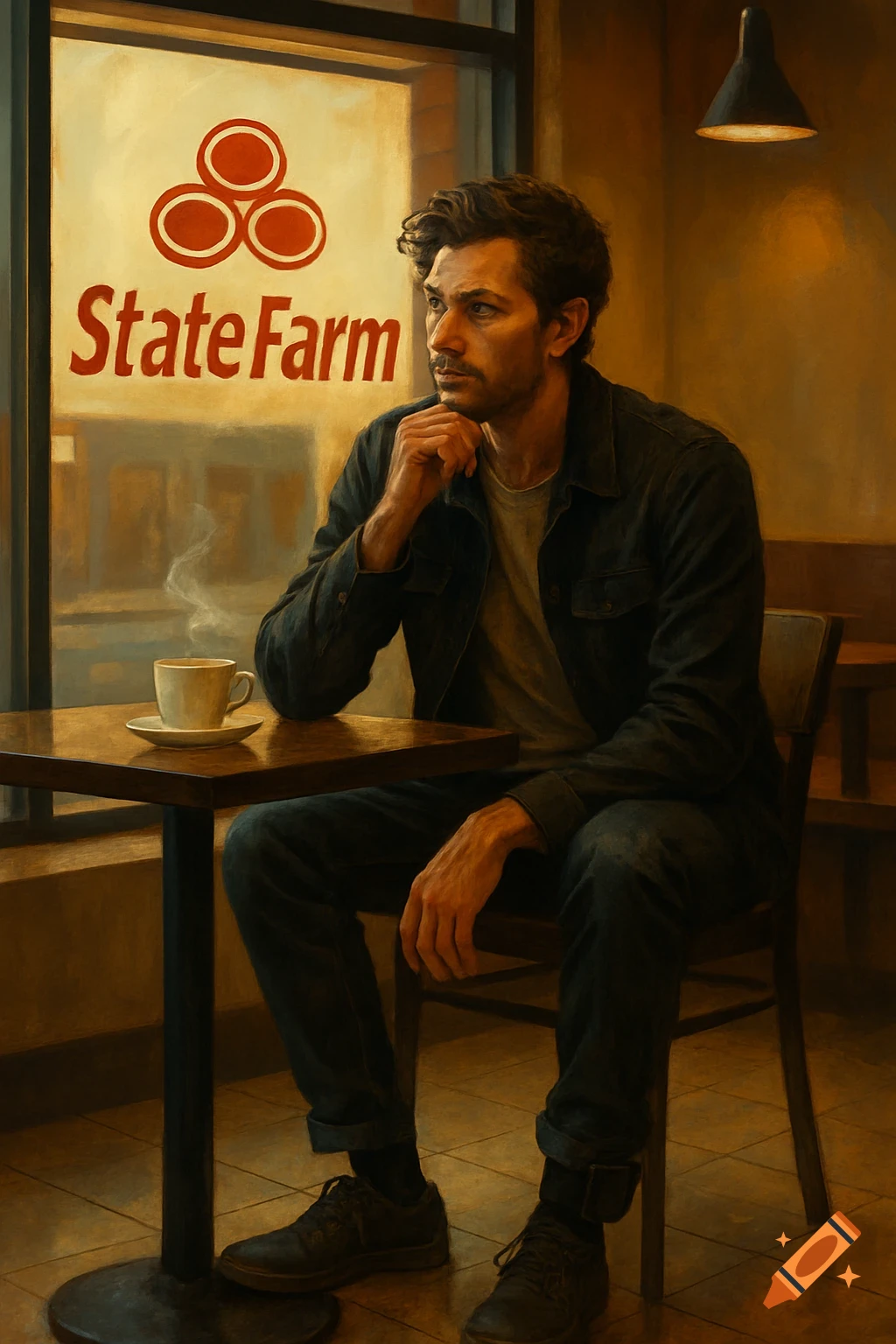 A man sits thoughtfully at a table in a warm-toned coffee shop, a coffee cup beside him, with a 'State Farm' sign visible outside the window.