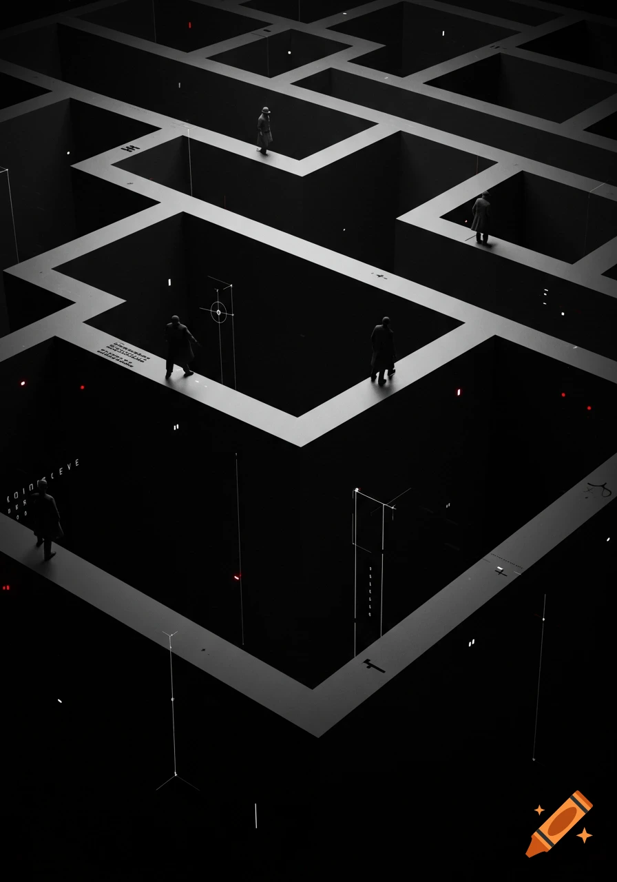 High-contrast abstract geometric maze with dark figures representing spies and subtle encrypted symbols, evoking secrecy.