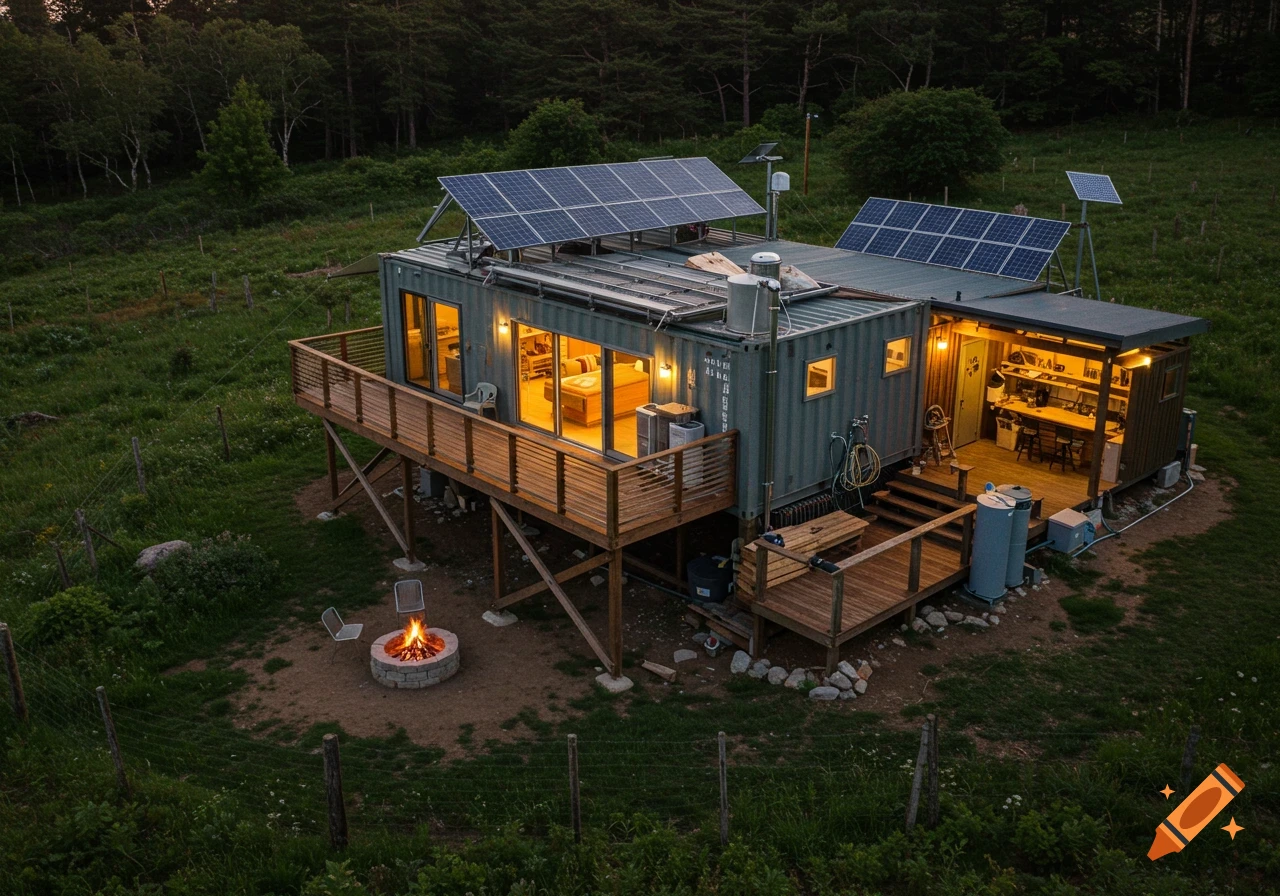 Aerial view of a shipping container home with solar panels and a large wooden deck at dusk, featuring an outdoor firepit.