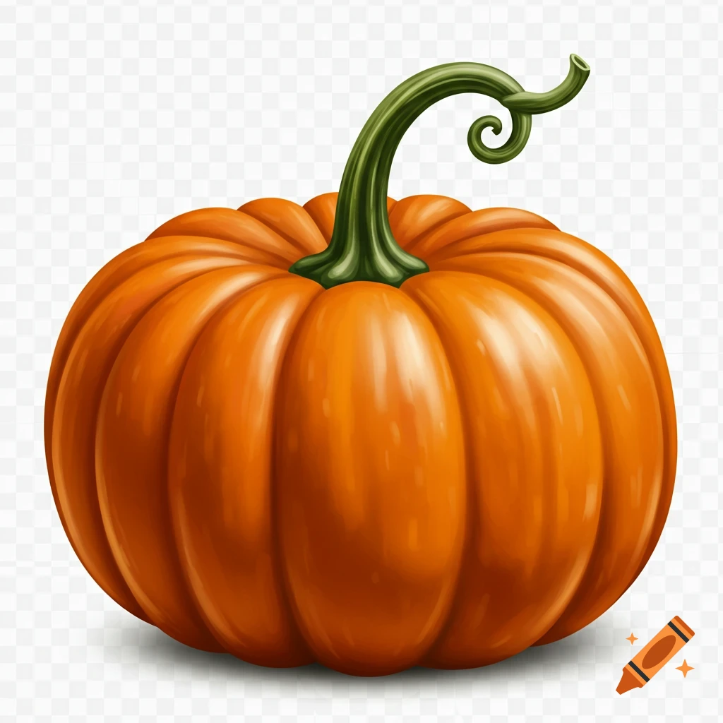 An orange pumpkin with a green stem and curly tendril on a transparent background, rendered in a detailed illustration style.