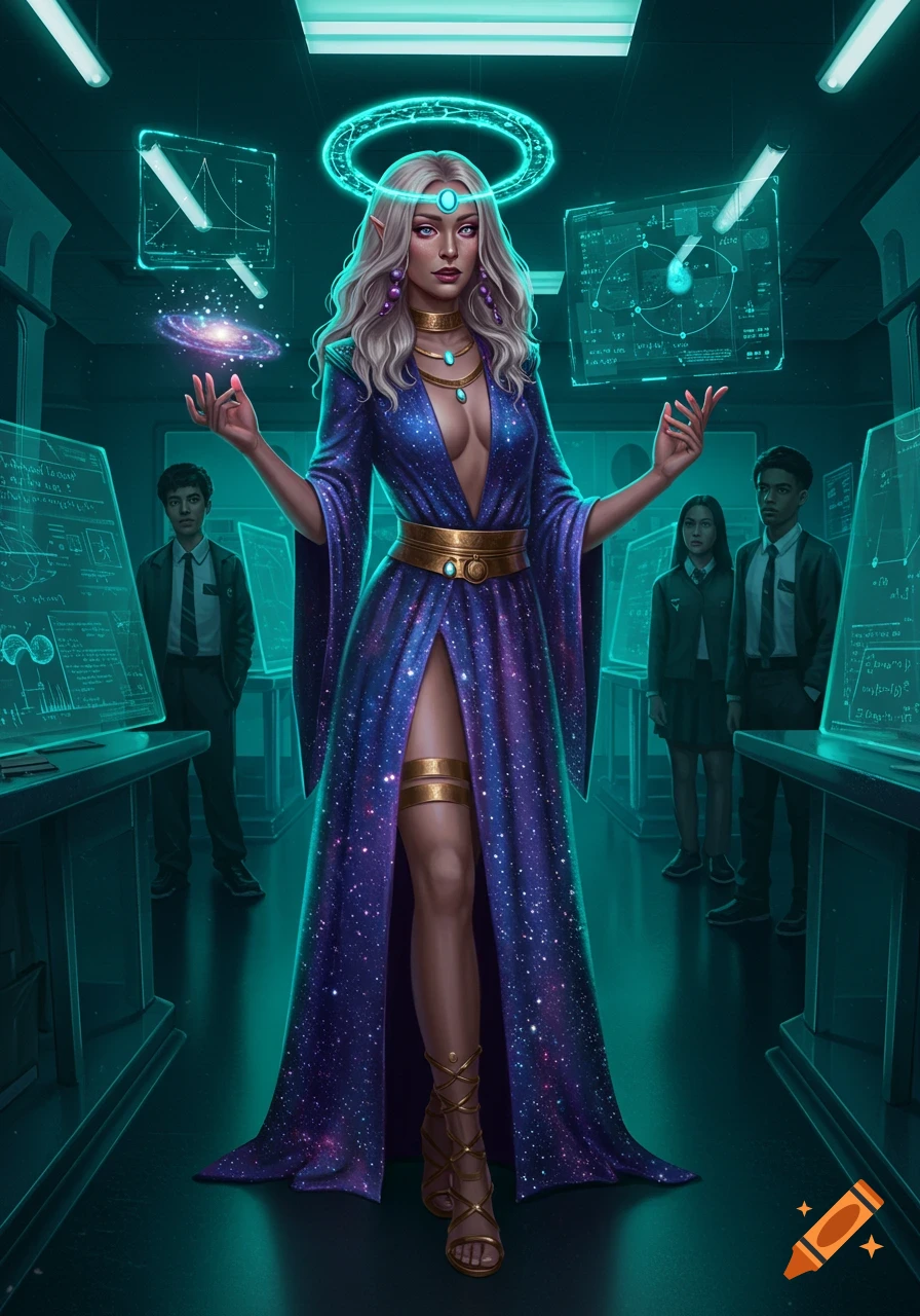 Elegant elf-like woman in a starry purple gown holding a galaxy, standing in a futuristic science lab with students.