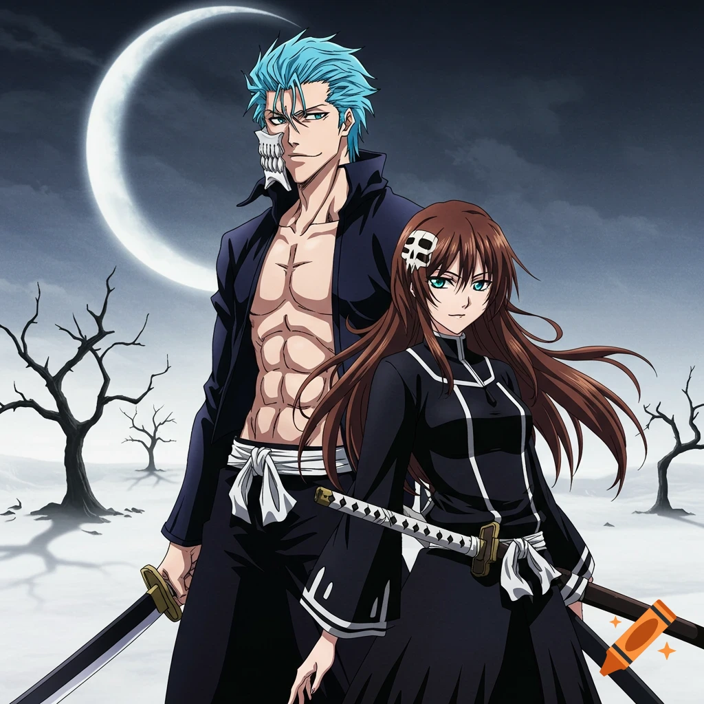 Anime male character with blue hair and skull mask, shirtless, with a female character in a black uniform, both holding katanas under a crescent moon.