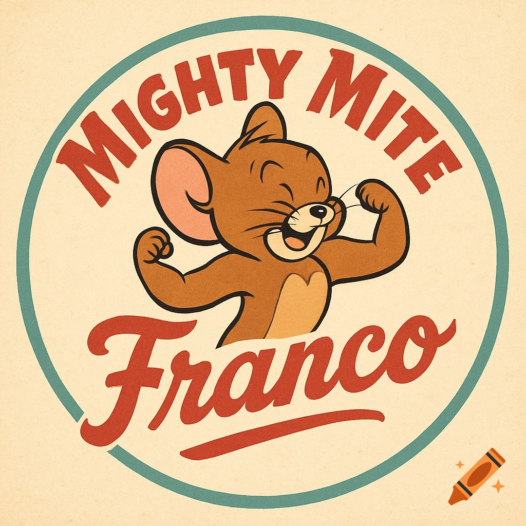 A retro-style logo features Jerry the mouse flexing inside a red and teal circle, with the words 'MIGHTY MITE' above and 'Franco' below.
