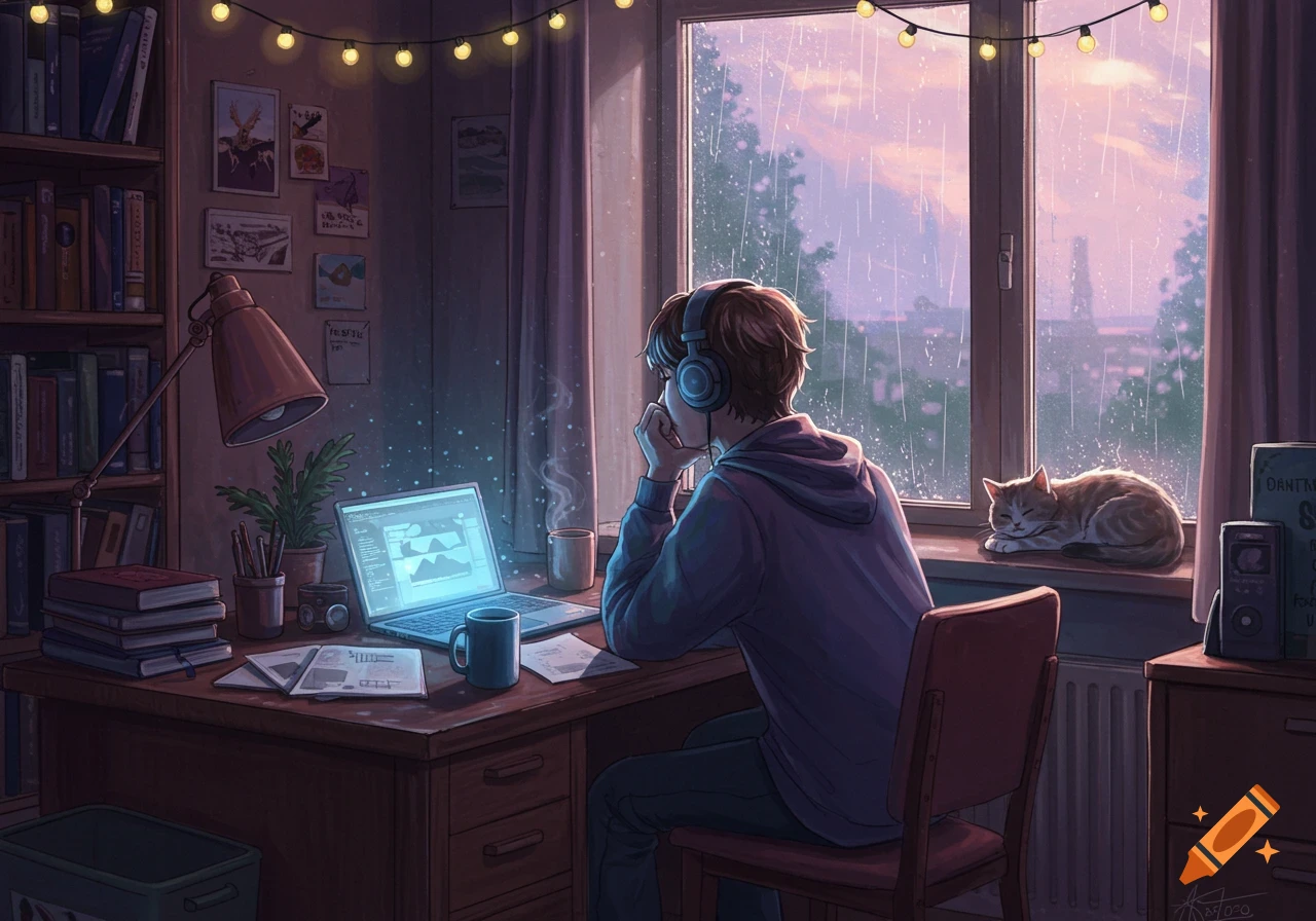 A cozy illustration of a person from behind, wearing headphones at a desk, looking out a window at falling rain, with a sleeping cat on the windowsill.
