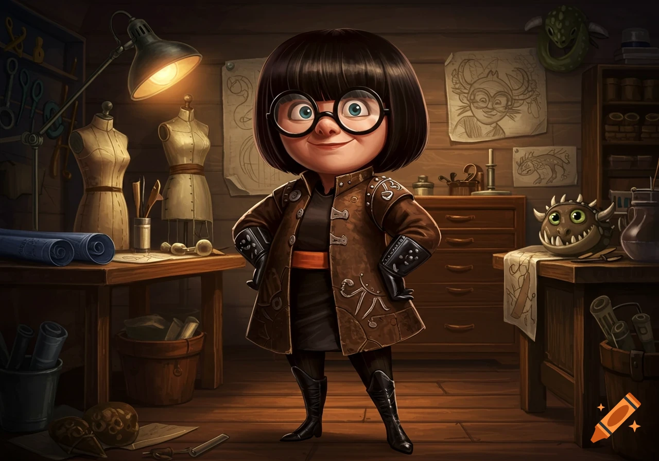 A stylized illustration of a cartoon character resembling Edna Mode, standing confidently in a cluttered workshop.