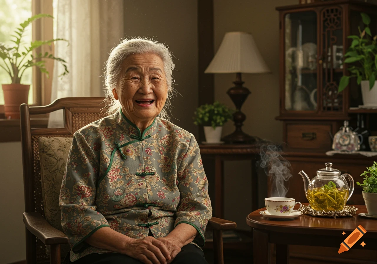 A happy elderly Asian woman with white hair smiles, sitting in a wooden chair, with a steaming teapot and cup on a table next to her.