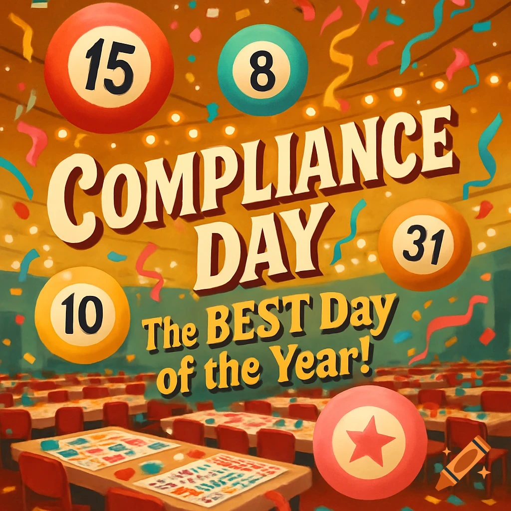 Vibrant cartoon of a bingo hall decorated with confetti and bingo balls, featuring text 'COMPLIANCE DAY The BEST Day of the Year!'.