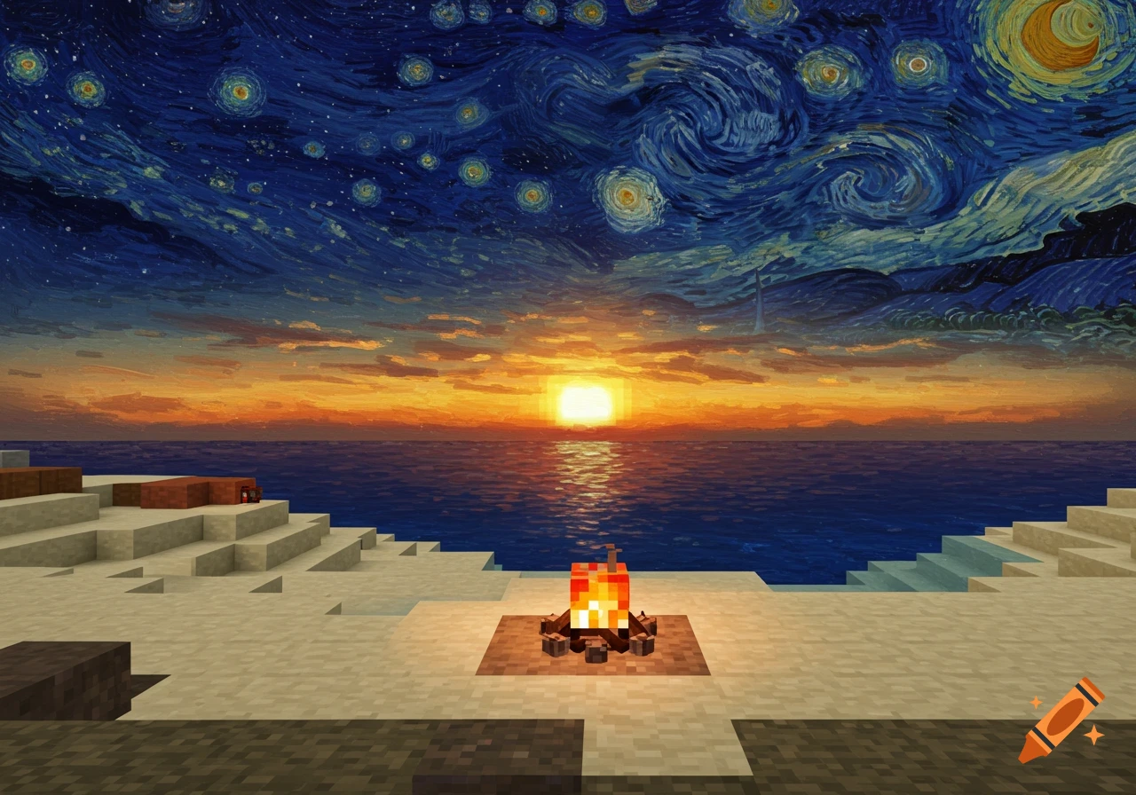 A Minecraft-style beach at sunset with a campfire, beneath a sky rendered in the swirling, painterly style of Van Gogh's Starry Night.
