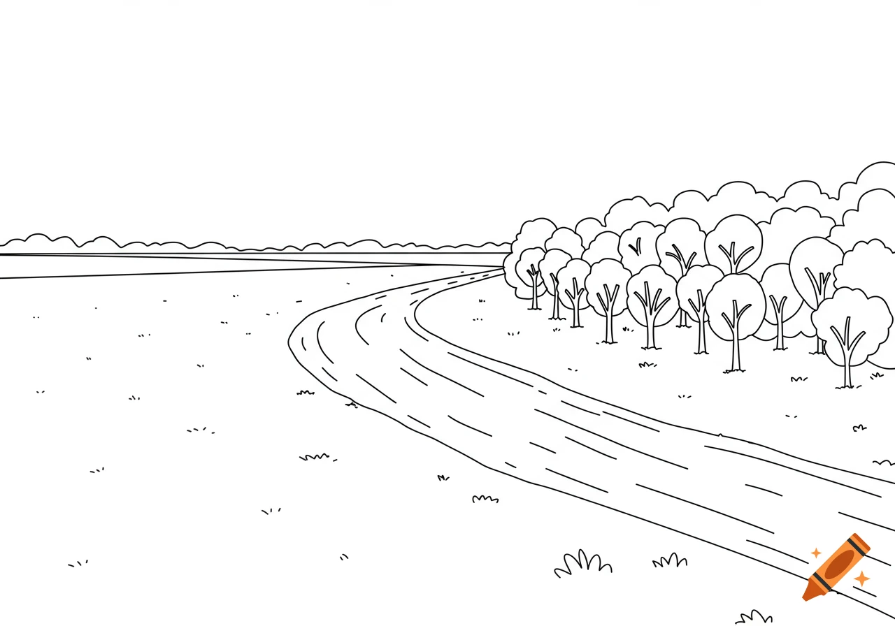 A simple black and white line drawing of a winding road or river next to a field and a line of trees under a clear sky.